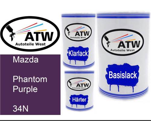 Mazda, Phantom Purple, 34N: 500ml Lackdose + 500ml Klarlack + 250ml Härter - Set, von ATW Autoteile West.